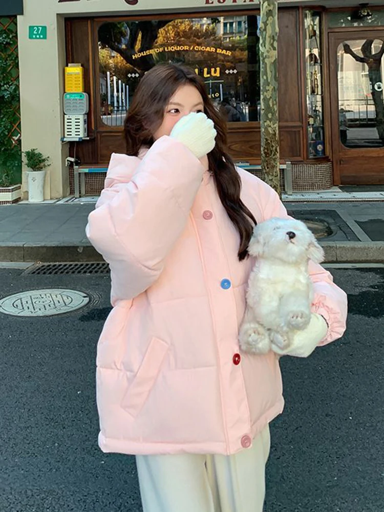 

Winter Women Chic Pink Parkas Loose Long Sleeve Colors Buttons Sweet Puffy Coat Korean Fashion Thick Warm Preppy Style Jacket
