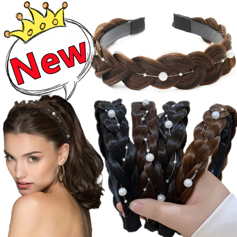 New Pearl Wig Twist Headbands For Women Wide Fishbone Braids Hairbands Retro Head Hoop Hair Styling Headwear Accessories Gifts