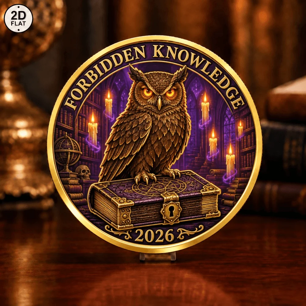 1pc Forbidden Knowledge Owl Metal Challenge Coin Color Print Magic Book & Keys Commemorative Token Gift for Fantasy Lovers