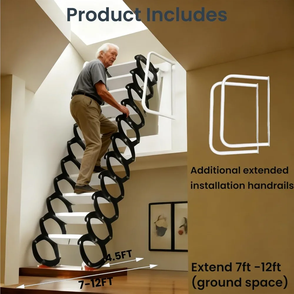 Escalera tipo loft extraíble para ático de aleación Al-Mg - Sistema extraíble de escalera para ático montada en la pared de 12 escalones - Capacidad de 1102 LBS