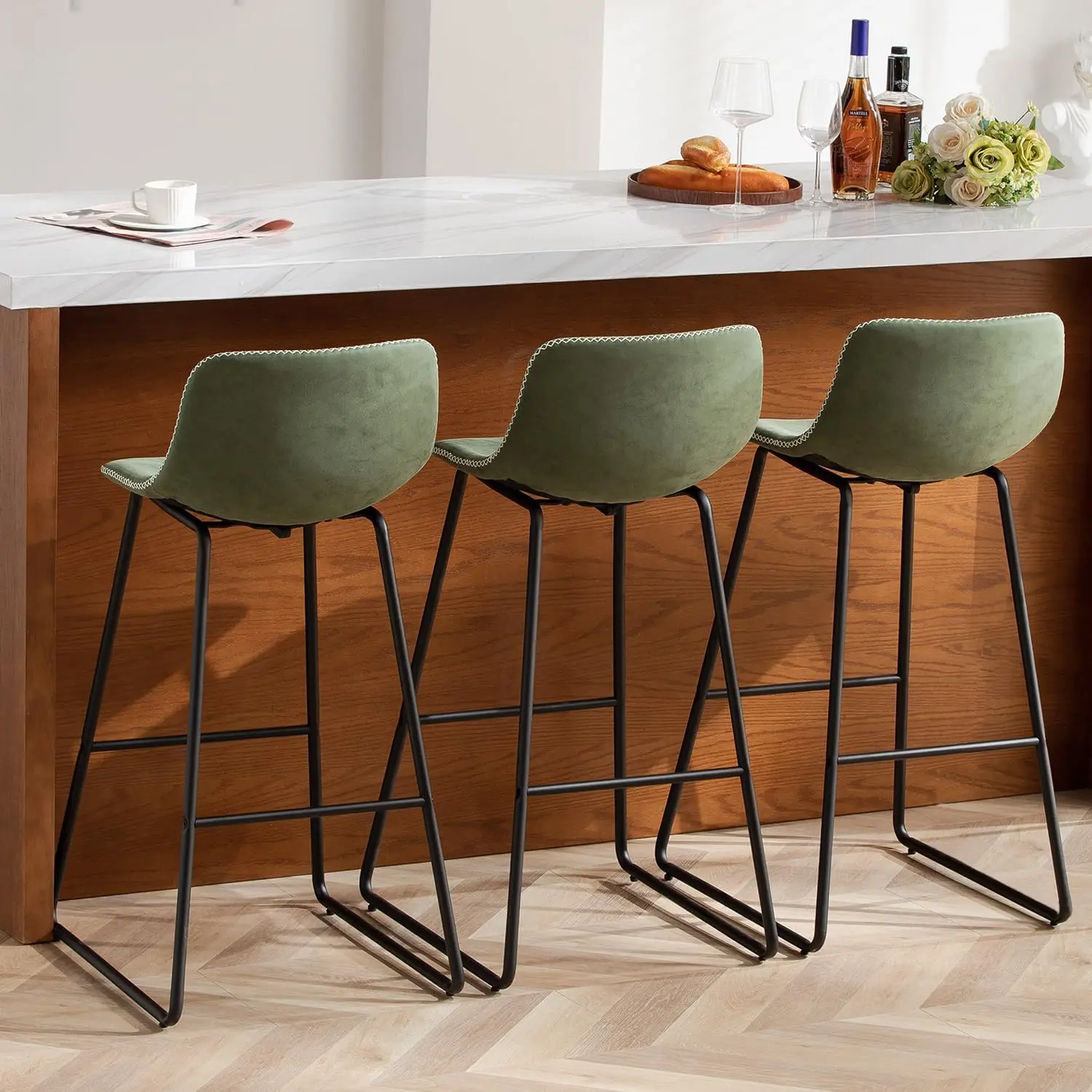 

HeuGah Green Bar Stools Set of 3, 30 Inch Counter Height Bar Chair with Metal Legs Faux Leather BarStools for Kitchen Island