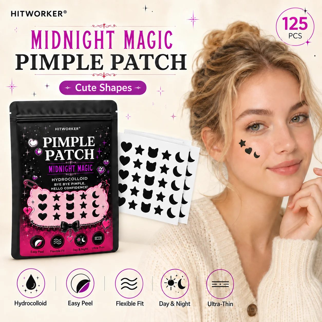 125pcs Halloween Pimple Patches waterproof and breathable, available in 5 shapes; comfortable to wear, easily conceal blemishes