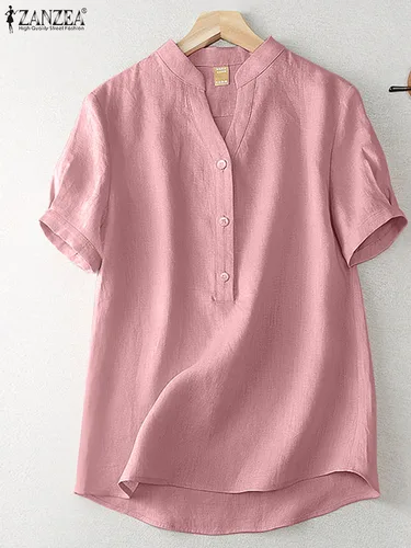 ZANZEA-Blusa holgada elegante de algodón para mujer, Túnica de trabajo Vintage OL, Tops informales lisos con cuello en V, Blusas de manga corta
