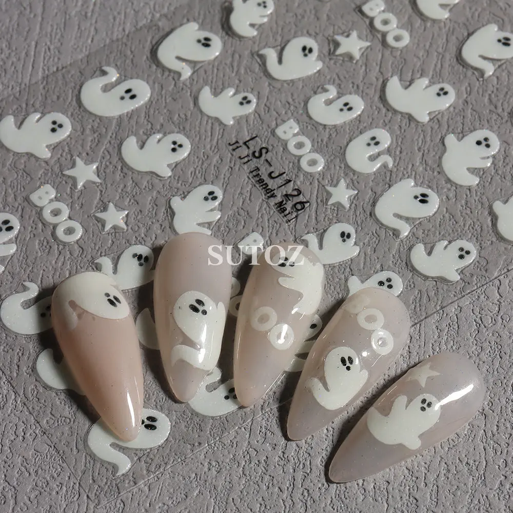 Pegatina de uñas de fantasma luminoso 3D, decoración de Halloween, purpurina, murciélago, calabaza, deslizador, corazón, telaraña, dijes, calcomanía de manicura, LEBLS-J123