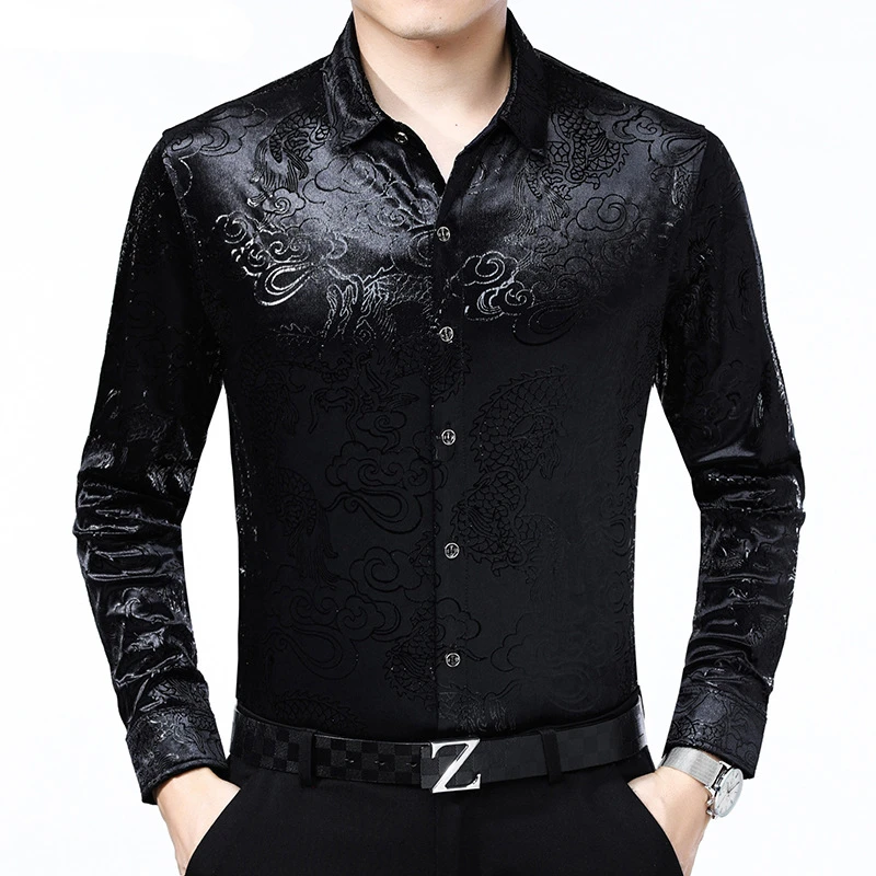 

Luxury Chinese Dragon Embroidery Velvet Shirt Men Slim Fit Long Sleeve Casual Shirts Mens Button Down Social Party Chemise