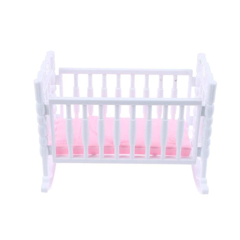 Light Pink Doll Crib Cradle, White Baby Shaker Bed, Doll House Toy Accessories