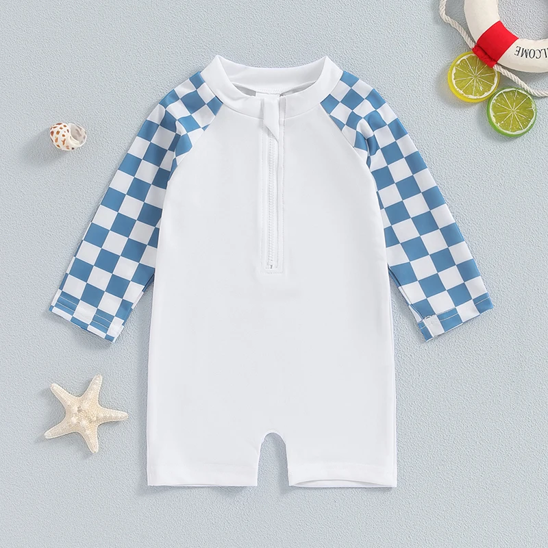 6M-4T Little Boy Bathing Suit Checkerboard Long Sleeve Round Neck Zipper Rash Guard Swimsuit Infant Toddler Swimwear