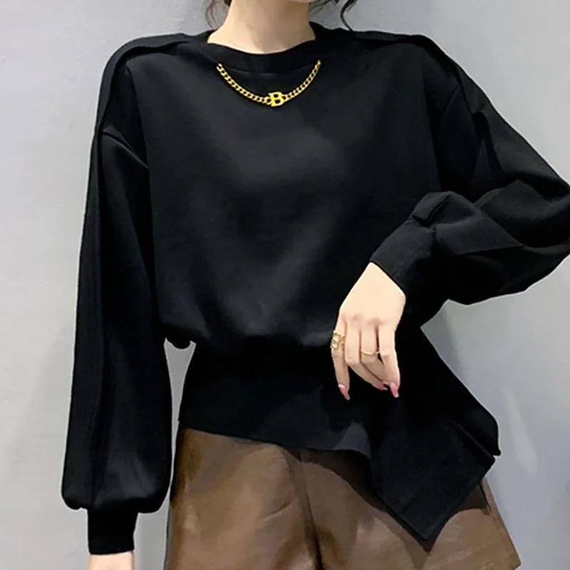 New Autumn Fashion Trend Design Sense Irregular Hem Waistband Round Neck Loose Versatile Western Style Slim Women\'s Sweater