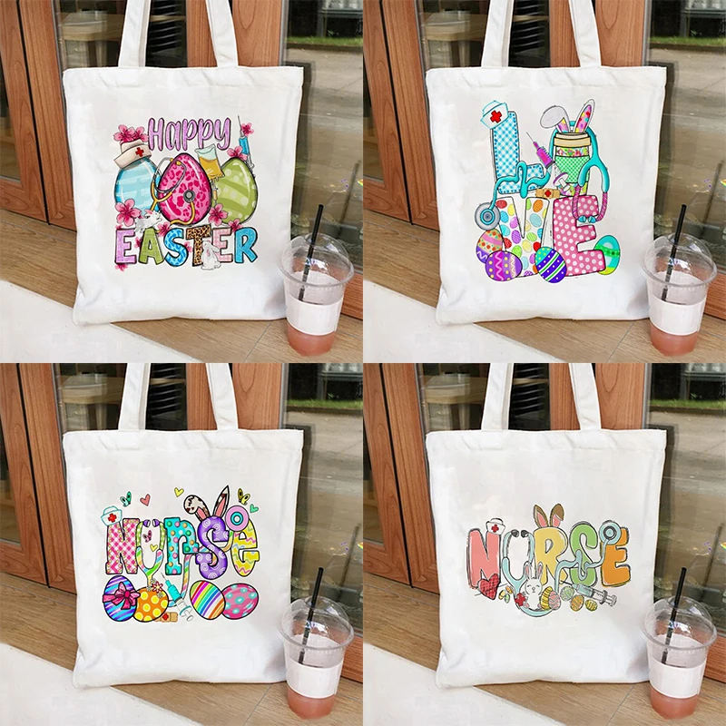 Easter Nurse Print Canvas Tote Bags Makeup Bag Book Lovers Tote Bag Library Tote Shopper Women's Tote Bag
