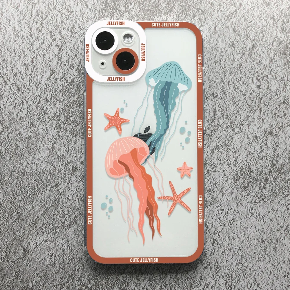 Funny Cartoon Jellyfish Phone Case For iPhone 17 16 15 14 13 12 11 Pro Max Mini Plus 7 8 Air Shockproof Transparent Soft Cover