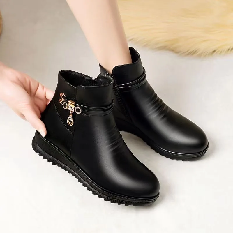 Women's Black Leather Boots Winter Warm Snow Boots Trend Side Zipper Cotton Shoes Wedges Shoes Waterproof Non-slip Ankle Boots