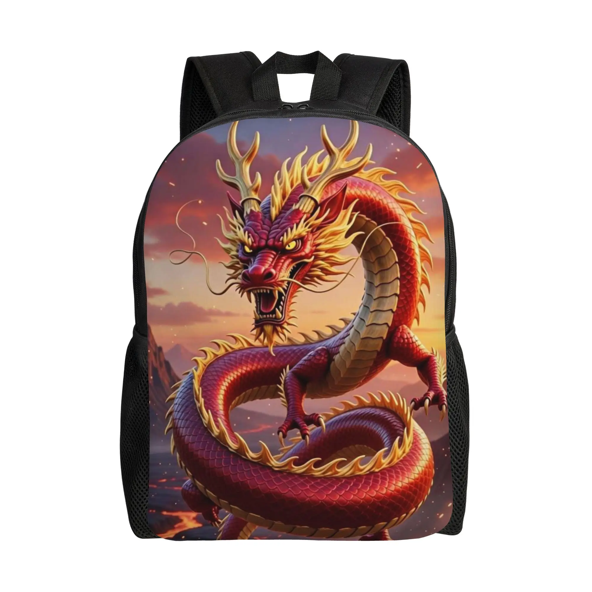 Knapsack Back to school season Red Chinese Dragon Sunset Art  Classic Backpack