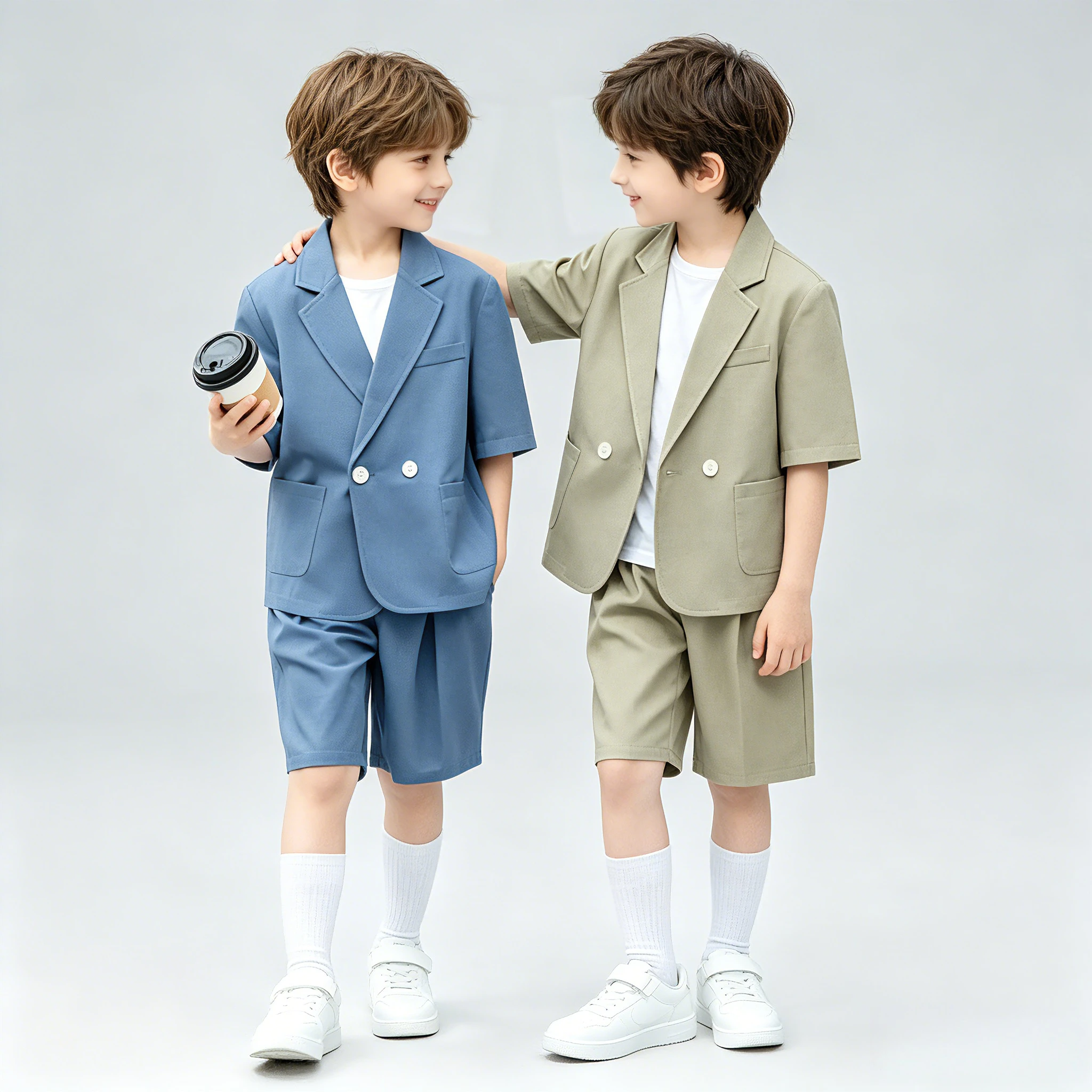 Boys Casual Suit Set Summer Short Sleeve Blazer Shorts 2-piece School Teens Kids Performance Outfit Flower Child Wedding Costume