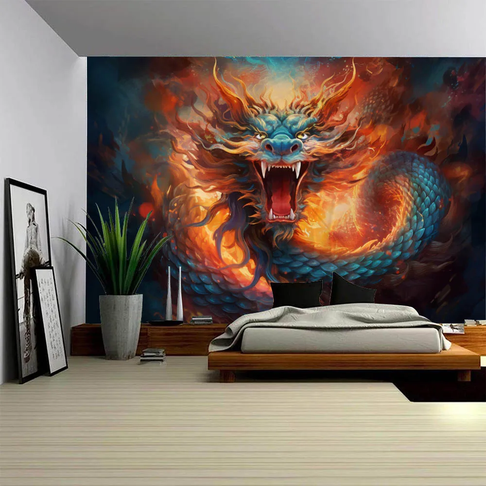 Ancient mythology dragon art tapestry psychedelic scene wall hanging bedroom, living room hippie aesthetic decoration