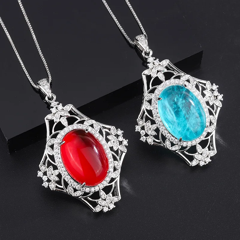 Charms Paraiba Sapphire Pendant Retro Ruby Stone Crystal Necklace for Women's Jewelry Wedding Anniversary Cocktail Party Favors