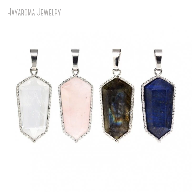 12Pcs Jewelry Silver Color Hexagon Double Terminated Point Crystal Semi-precious Stone Gemstone Pendant PM46806