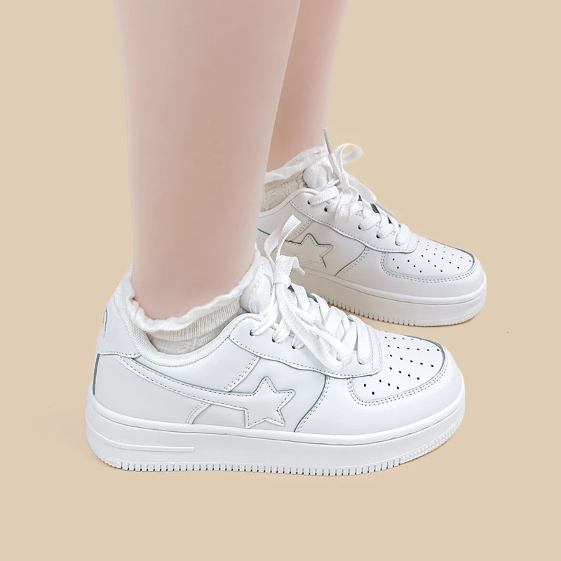 Amy and Michael 2024 New Fashion Star Sneakers Female Women Low Top White Flat Trainers Unisex Teenagers Casual Skateboard Shoes