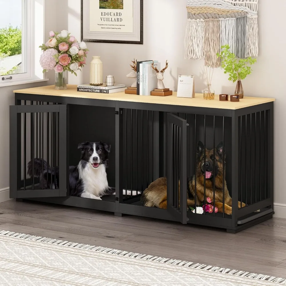 

Large Double Dog Crate Furniture, 70.9" XL Wooden Dog Crate Kennel Furniture with Divider & Trays, Dog Crates Furniture for