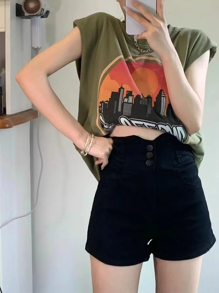 

High Waist Black Denim Shorts Women's Summer Thin A-Line Hot Pants Tummy Slimming Jeans Cotton Elastane Blend Wear Resistant