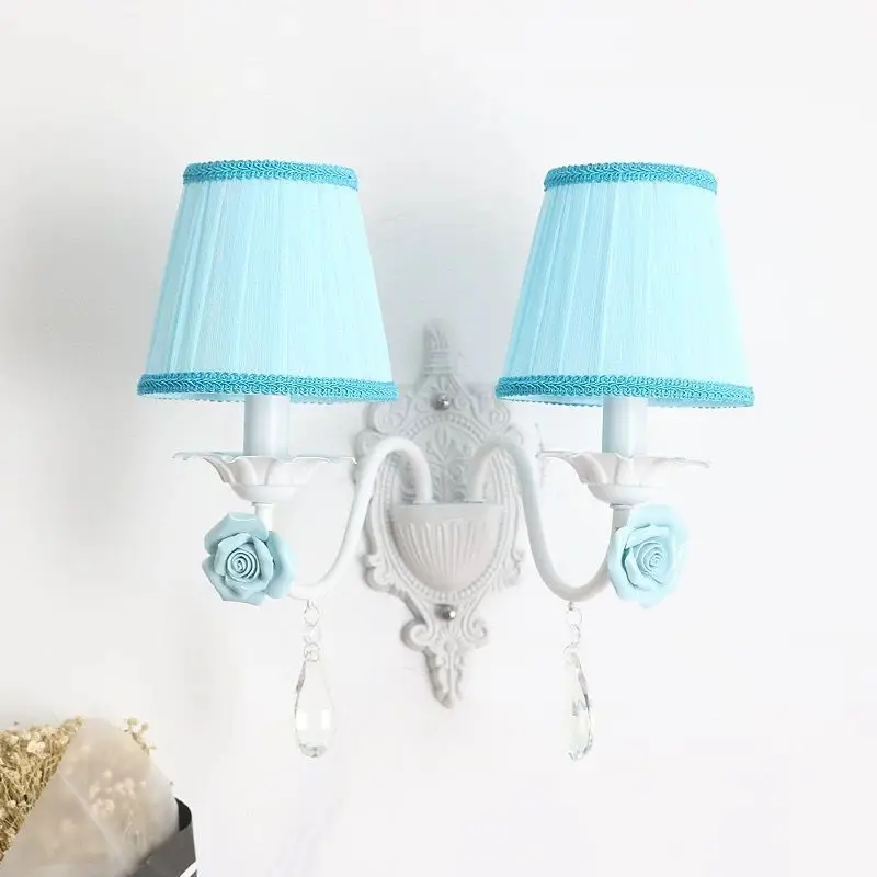 European pastoral blue wall lamp living room  bedside lamp Mediterranean creative flower iron wall lamp