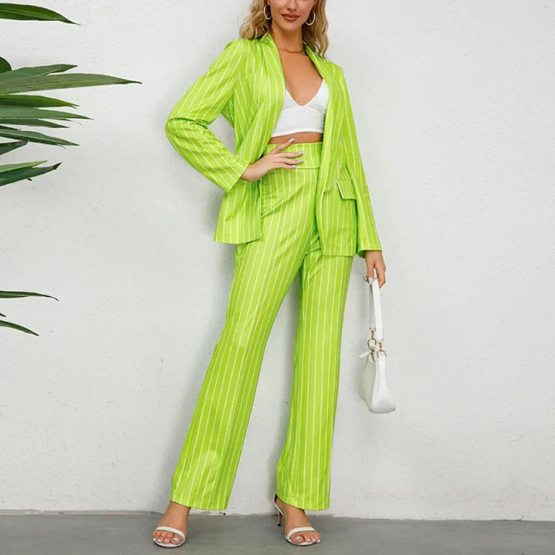 

2023 New Autumn and Winter Fashion Casual Stripe Small Suit Coat Temperament Commuting Straight Leg Wide Leg Pants Women's Set