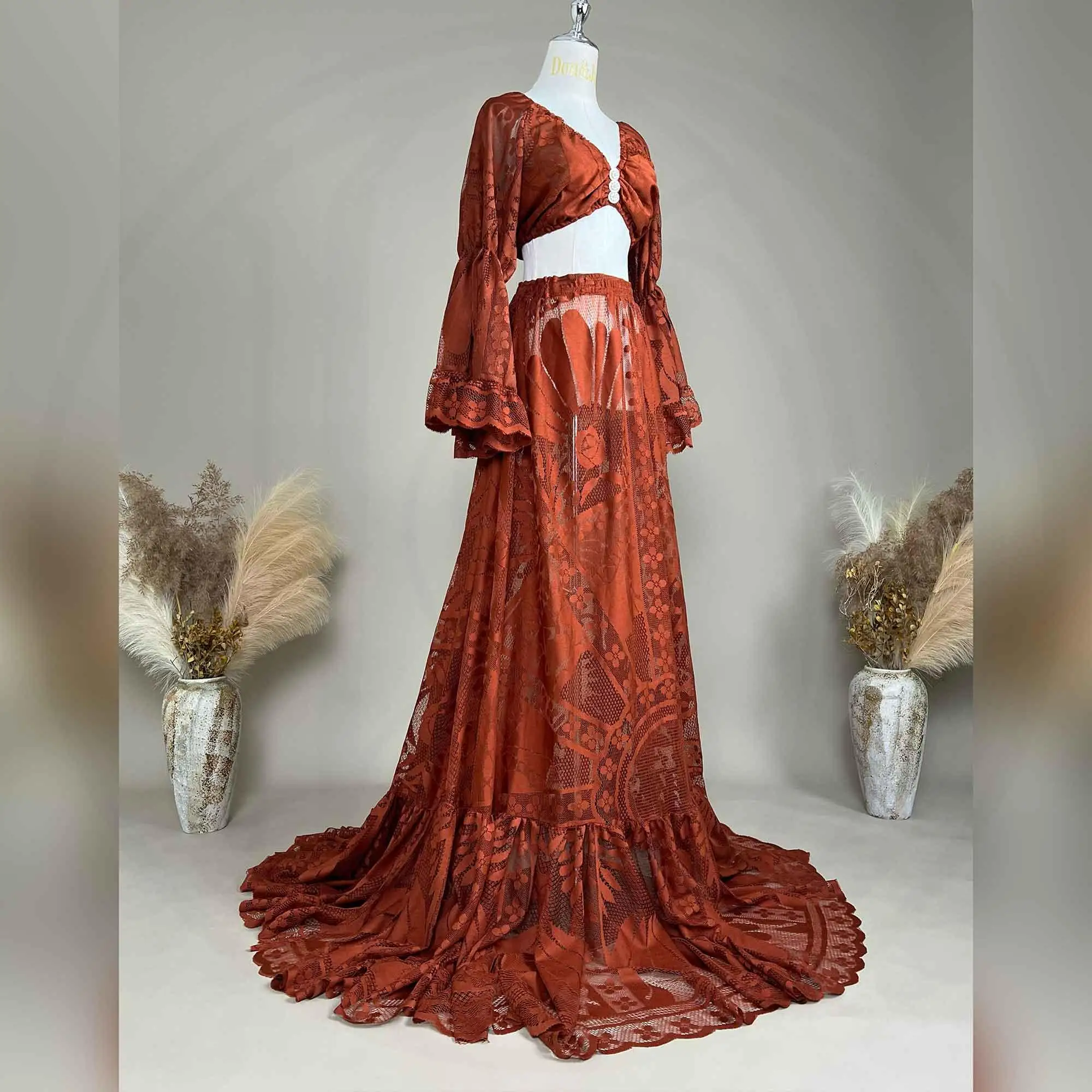 Don & Judy 여성용 자수 드레스 파티 웨딩 의류 임신 한 여성을위한 긴 소매 V 넥 드레스 베이비 샤워