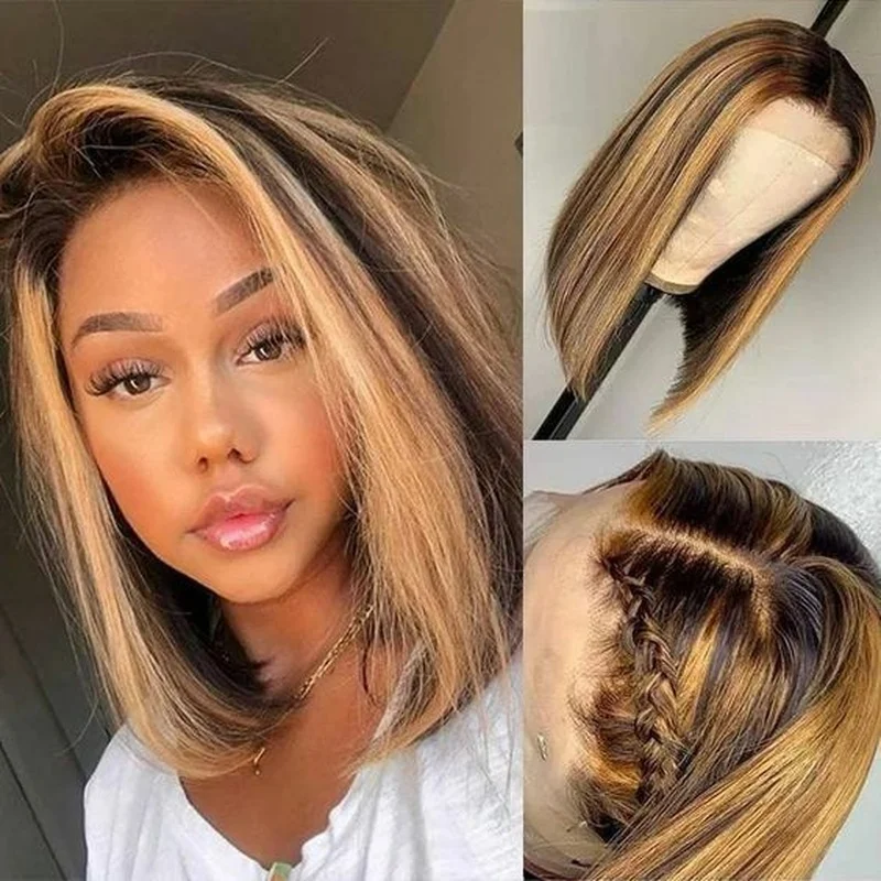 Short Bob Lace Front  Hair Wig Straight Black Blond Highlight Wigs Glueless