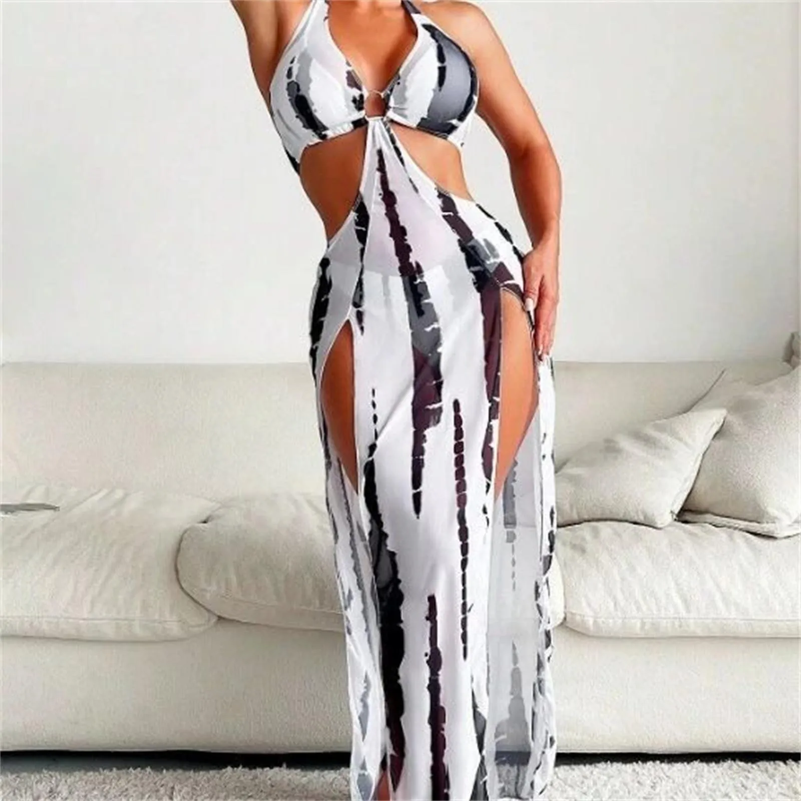 European And American Three Pieces Halter Ring Link Bikini 2024 Women Sexy Cut Out Side Cover Up Dress Swimsuit Bikini Mujer