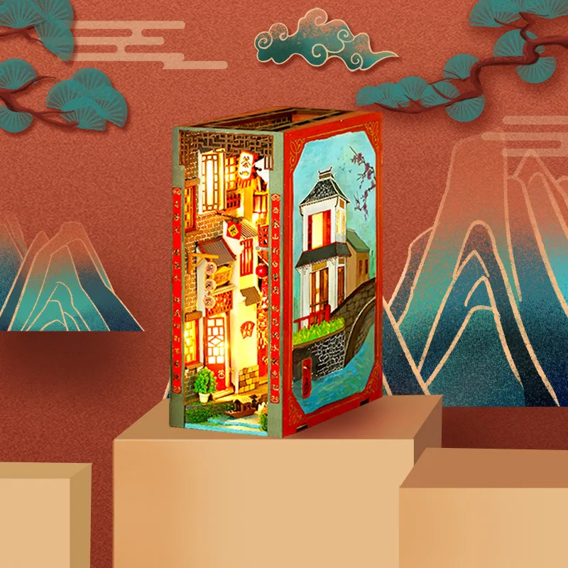 Guochao 中国風ブックエンド DIY カラーリングクラフト 3D パズル インス風ミニチュアハウス クリエイティブ誕生日プレゼント ホームデコレーション