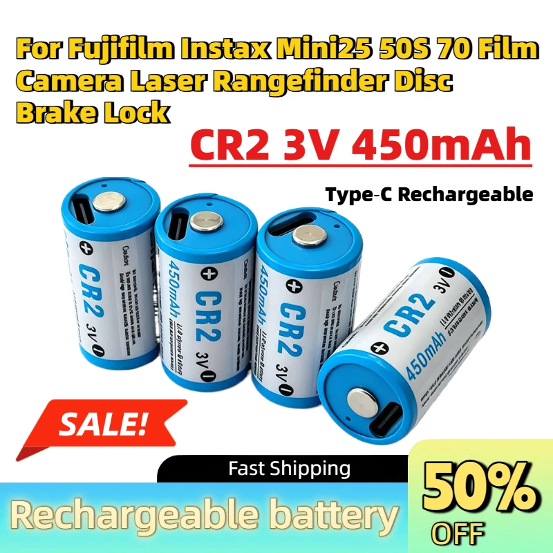 CR2 3V 450mAh Type‑C Rechargeable Li-Po Battery for Fujifilm Instax Mini25 50S 70 Film Camera Laser Rangefinder Disc Brake Lock