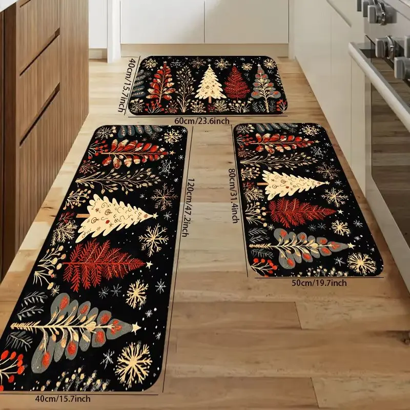 VIKAMA Non Slip Kitchen Floor Mat Nordic Christmas Trees Snowflake Print Soft Absorbent Rug For Cooking Area Holiday Home Decor