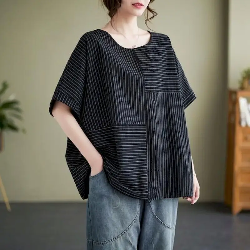 

Cotton T Shirts Women Artistic Striped Patchwork Loose T-shirt Fashion Casual Oversized Top Summer Trend Thin Tshirt Y2k Clothes