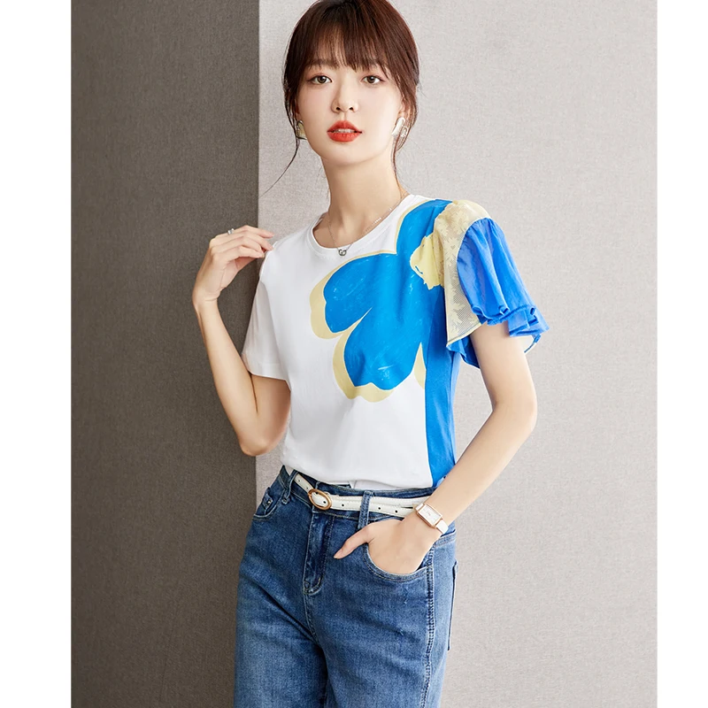 Spliced Print Short Sleeve T-shirt Women Clothing 2024 Summer New Slim Fit Casual O-neck Tops Tees Shirts Female D2920