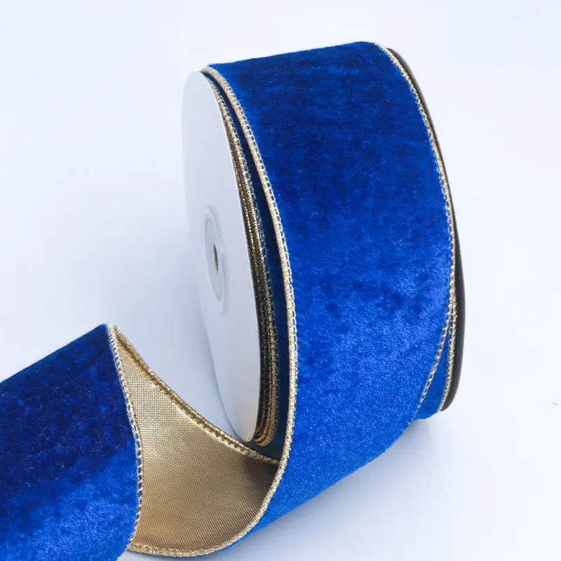 5cm 10 Yards Solid Color Christmas Tree Wrapping Decorative Ribbon Christmas Wire Gold Border Velvet Ribbon Decoration Tie