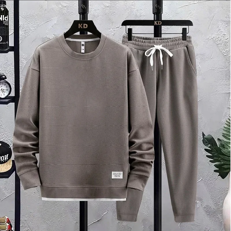 

Summer Men's Waffle Sets Casual T-Shirt And Pants Set Male Sports Suit 2 Priece Set Solid Color Tracksuit Loose Suits Size 3XL