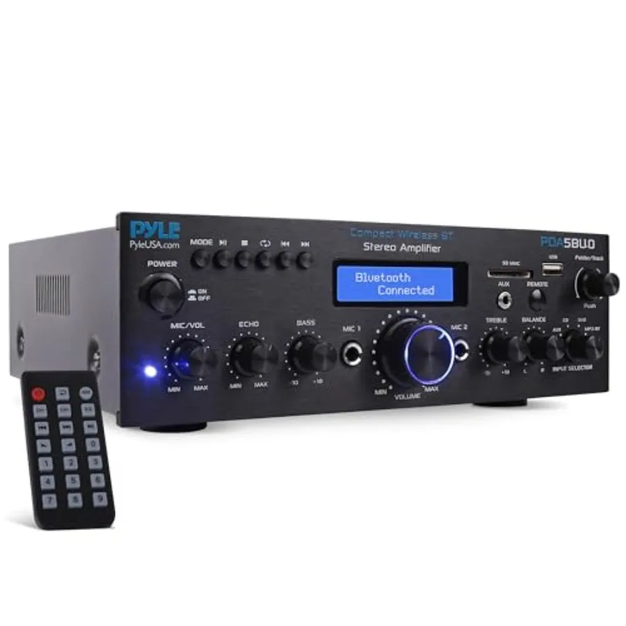 

Home entertainment system: black audio stereo receiver with 200W power, Bluetooth, AUX/USB, dual karaoke mic inputs, remote con