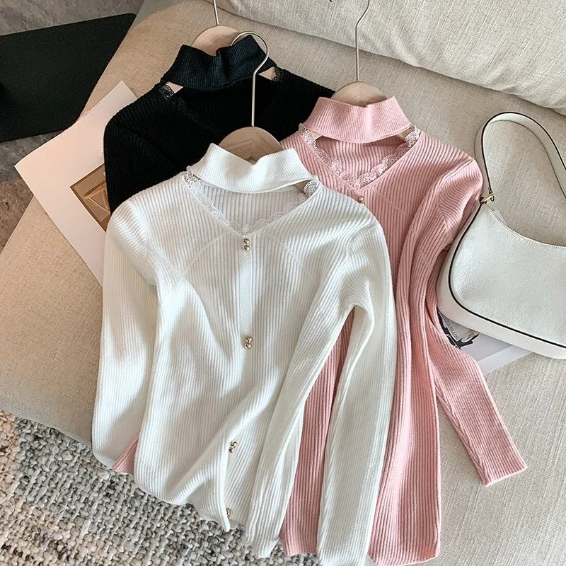 

Autumn Winter Lace Patchwork Women's Knitted Pullover 2025 Hollow Out V-neck Long Sleeve Bottom Slim Sweater Top Female