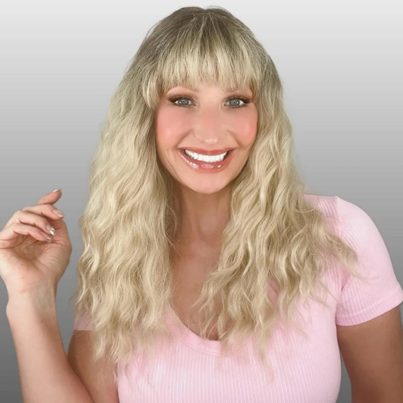 Baby Blonde with Dark Roots Synthetic Lace Wigs with Bangs Heat Friendly Fiber Blonde Long Wavy Glueless Wig for Women Daily Use