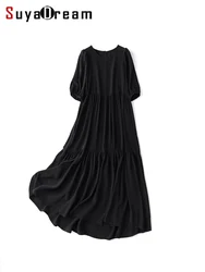 SuyaDream Women Long Dresses 100%Silk Crepe Lantern Sleeves Solid A-Line Black Dress 2023 Spring Summer Beach Style Clothes