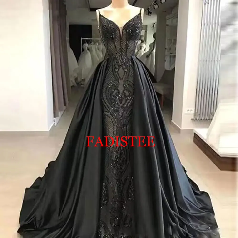 

Customized Vintage Black Long Evening Dresses Spaghetti Straps Lace Mermaid Satin Over Skirts Floor Length Party Prom Gowns Robe