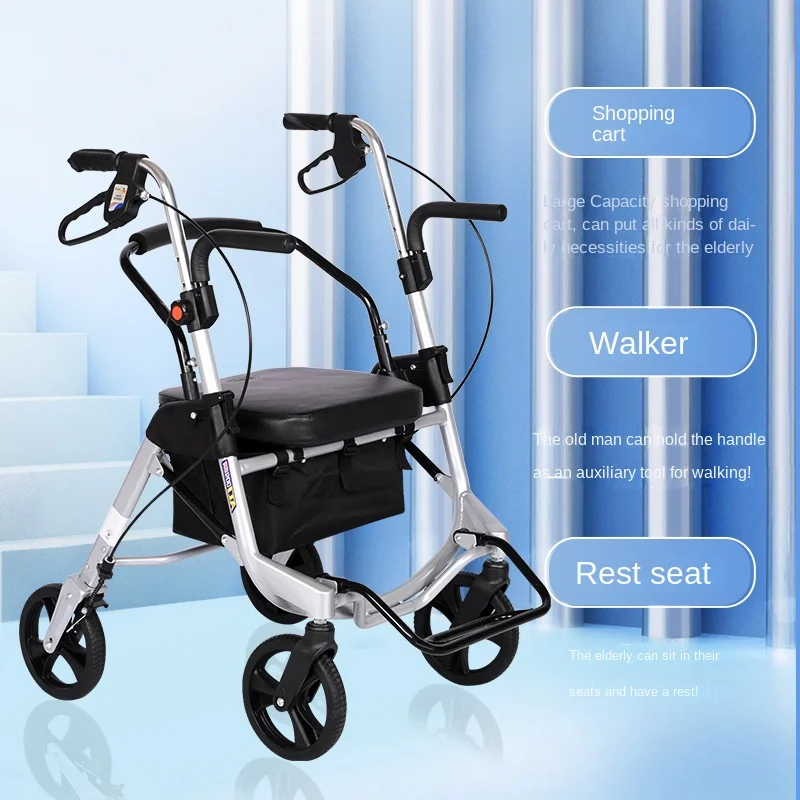 Elderly shopping cart  handcart four-wheel scooter assisted walking grocery small cart foldable lightweight  easy to ride