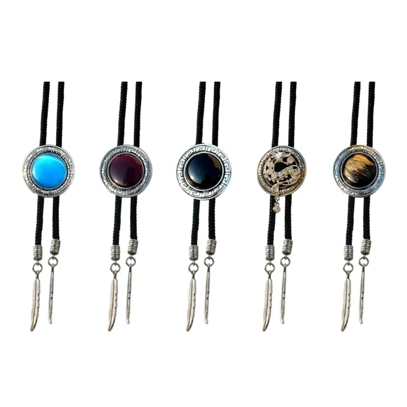 Bolo Tie for Men Western Cowboy Necktie with Carved Gemstones Buckle Gentleman Formal Meeting Costume Accessories R7RF