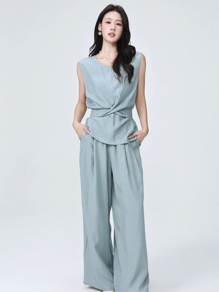 

New NTS97 Spring Summer High Waist Crossed Waist round Ne Commute Sle Women's Faion Set Cotton ort Sve Two-Piece Suit