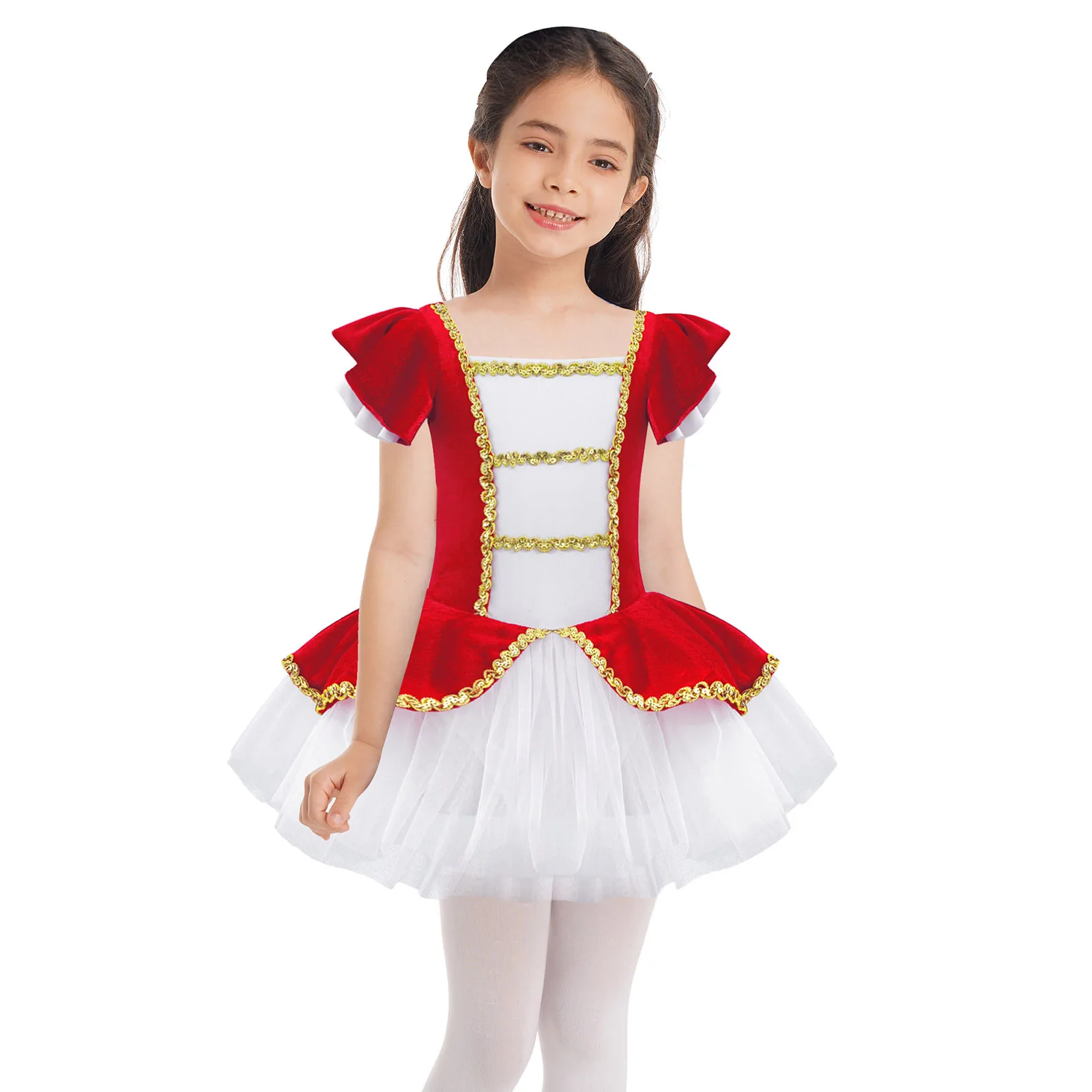 Girls Mesh Leotard Dress Halloween Carnival Circus Cosplay Performance Costume Ballet Dance Tutu Short Sleeve Sequin Dancewear