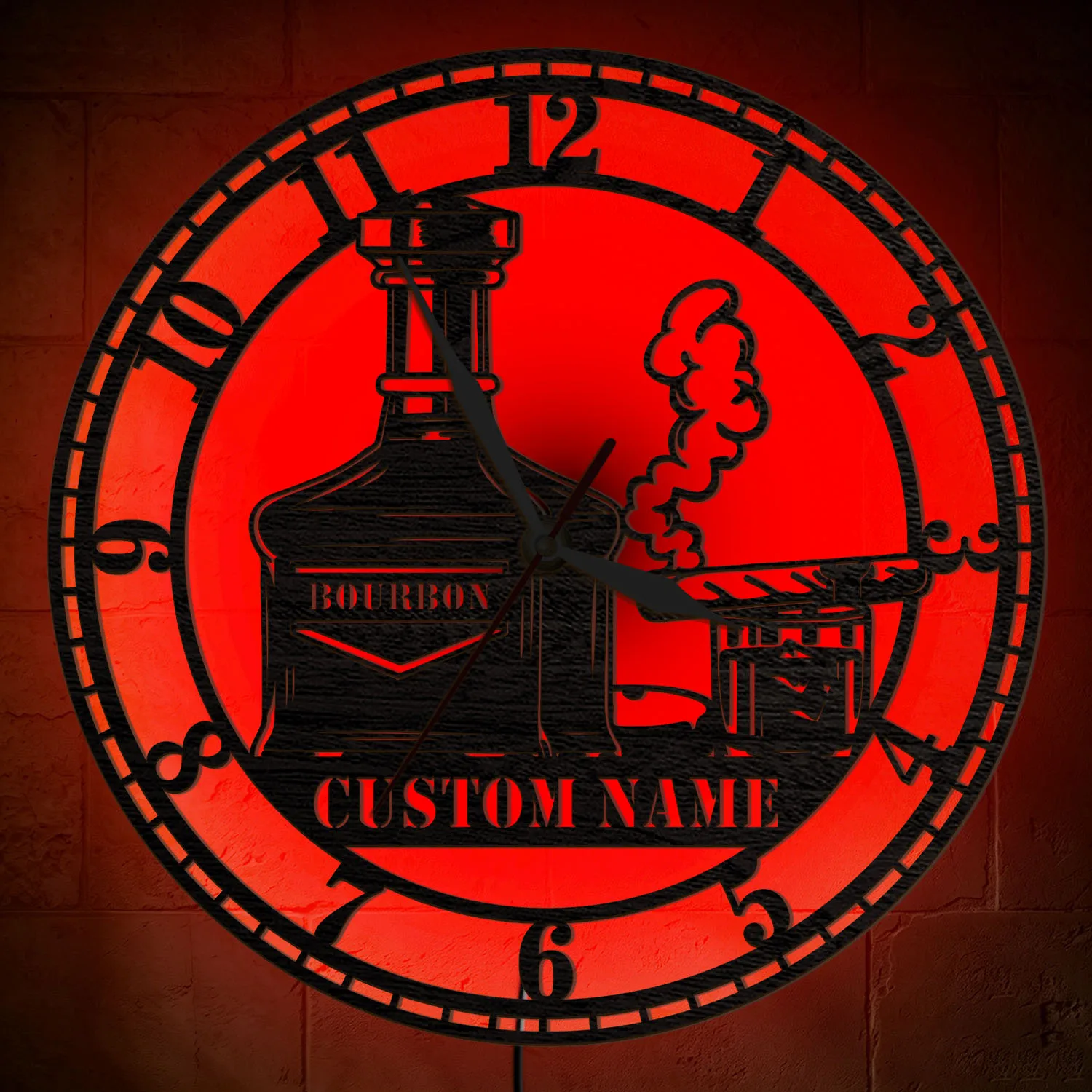 Custom Name Bourbon Whiskey LED Night Light Wooden Wall Clock RGB Color Changing Personalized Bar Sign Illuminated Wall Clock