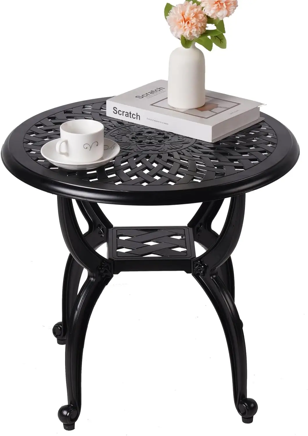 

Round Black Cast Aluminum Outdoor Side Table, Patio Coffee Table for Garden Balcony All Weather