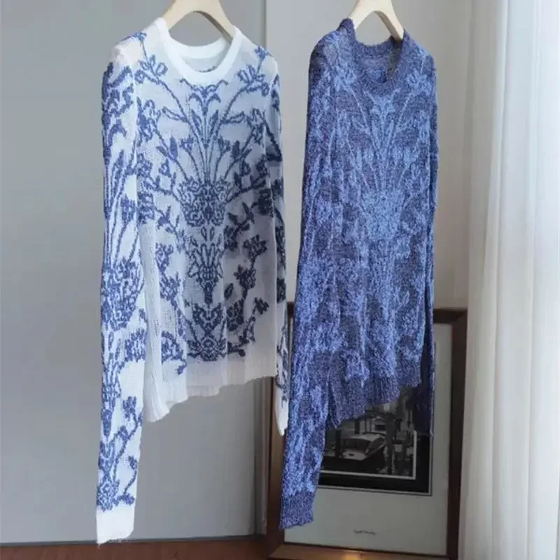 High Quality Hollow Out Flowers Jacquard Knitted Pullover Spring Summer Women Thin Sweater Luxury Long Sleeve Jumpers Tops K048