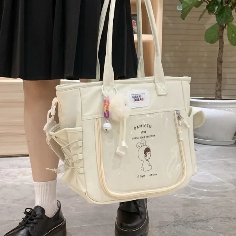 Xiuya Cute Womens Shoulder Bag Nylon Large Capacity Lolita Transparent Student Ita Tote Bag Jk Cartoon Casual Fashion Handbag