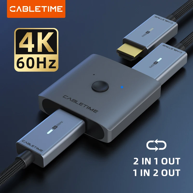 CABLETIME rozdzielacz HDMI 2 w 1, dwukierunkowy przełącznik HDMI 2.0 4K60 Hz kompatybilny z HDMI dla TV Box PC Laptop Macbook Air