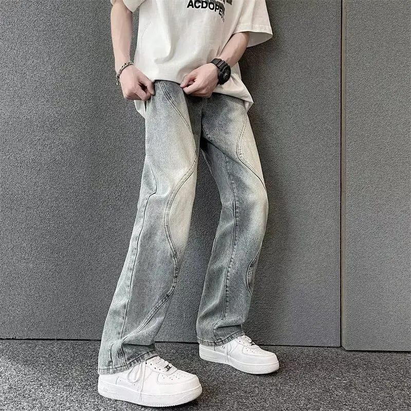 

American Sle Thin Wide Leg Jeans Men's Straight Tube mid Waist High Street Cool Waed Old Dad Pants Cotton Polyester Blend